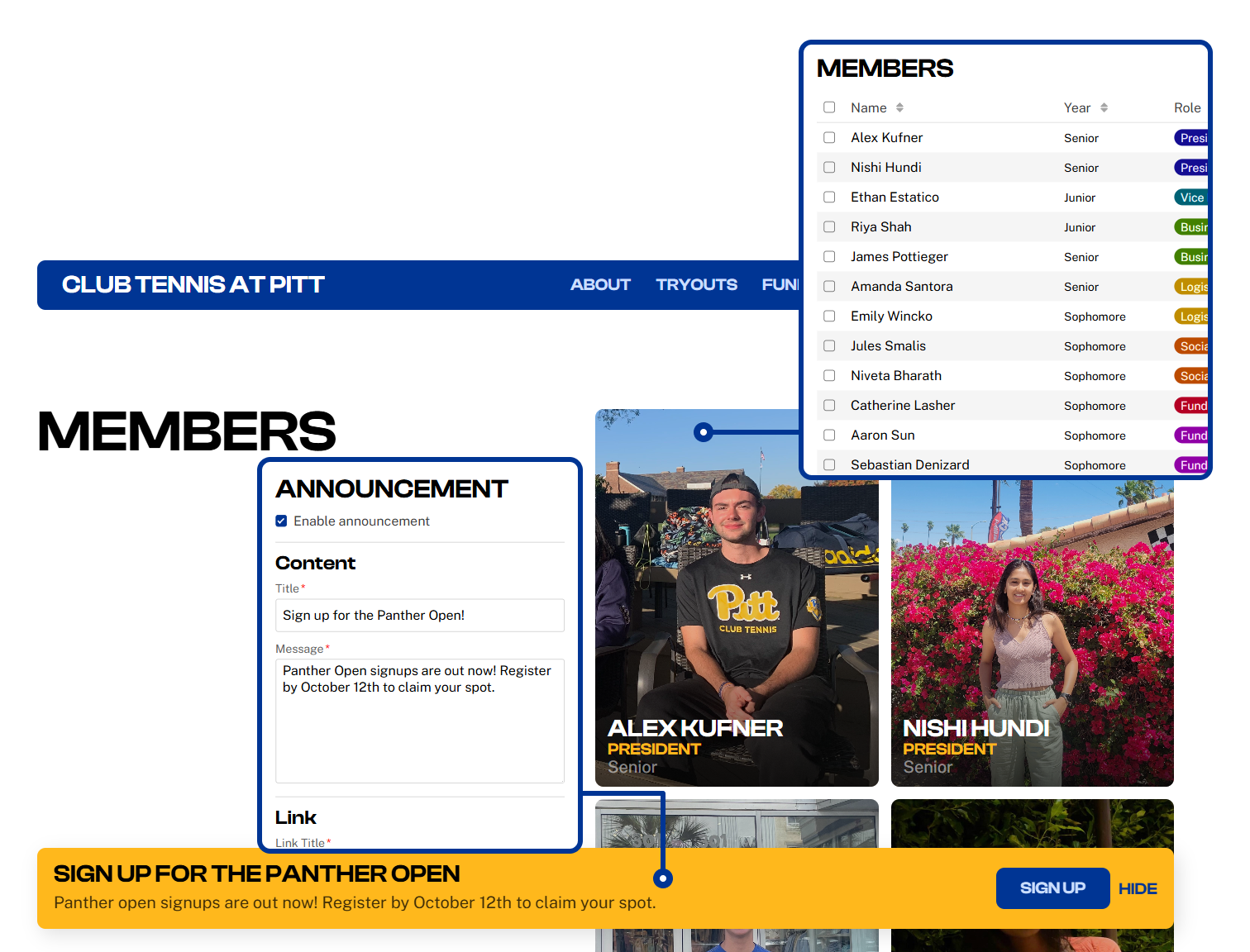 Members page with an announcement visible. The members page of the admin panel points to the members, and the respective announcement page points to the announcement.