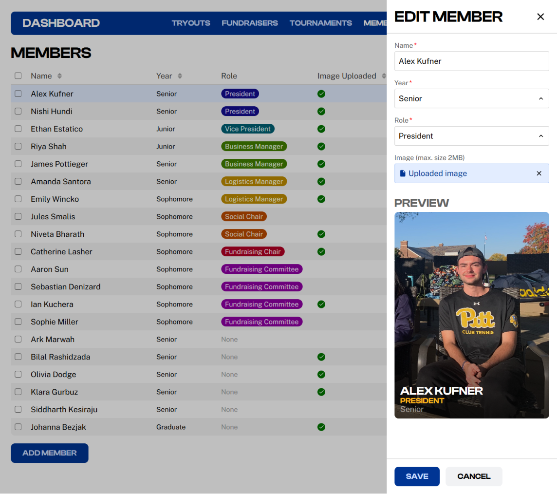 Admin panel members page with a side panel visible. The side panel contains a form to let an admin edit the selected member.