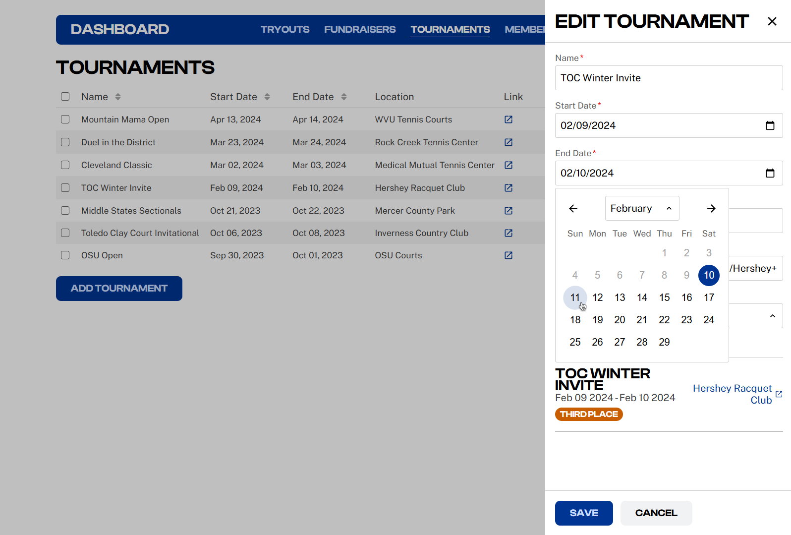 Admin panel tournaments page with a side panel visible. The side panel contains a form to edit the tournament, and a date is current being selected using a date picker.