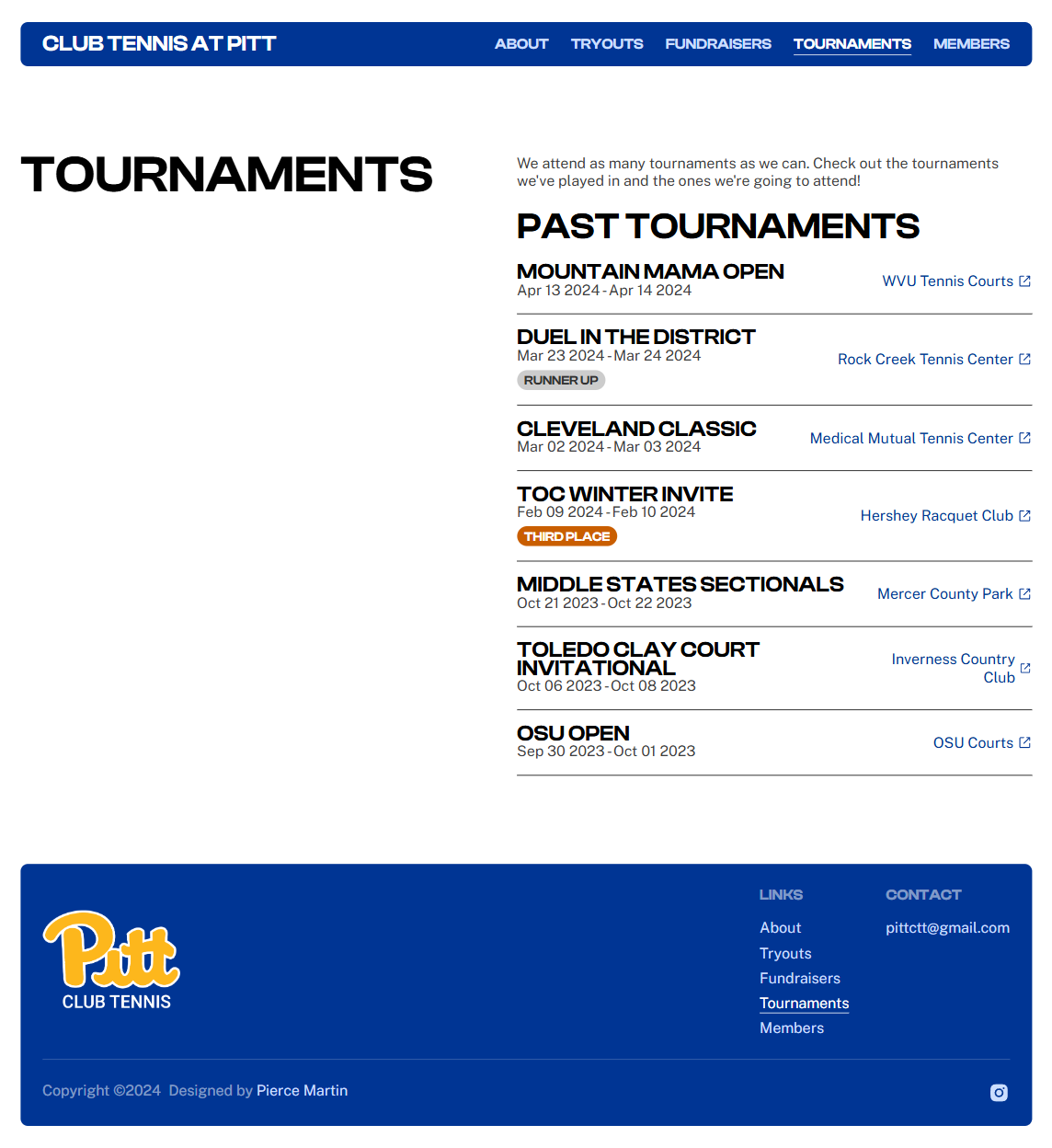 Tournaments page. It shows information about several past tournaments, including the name, dates, location, and team's placement.