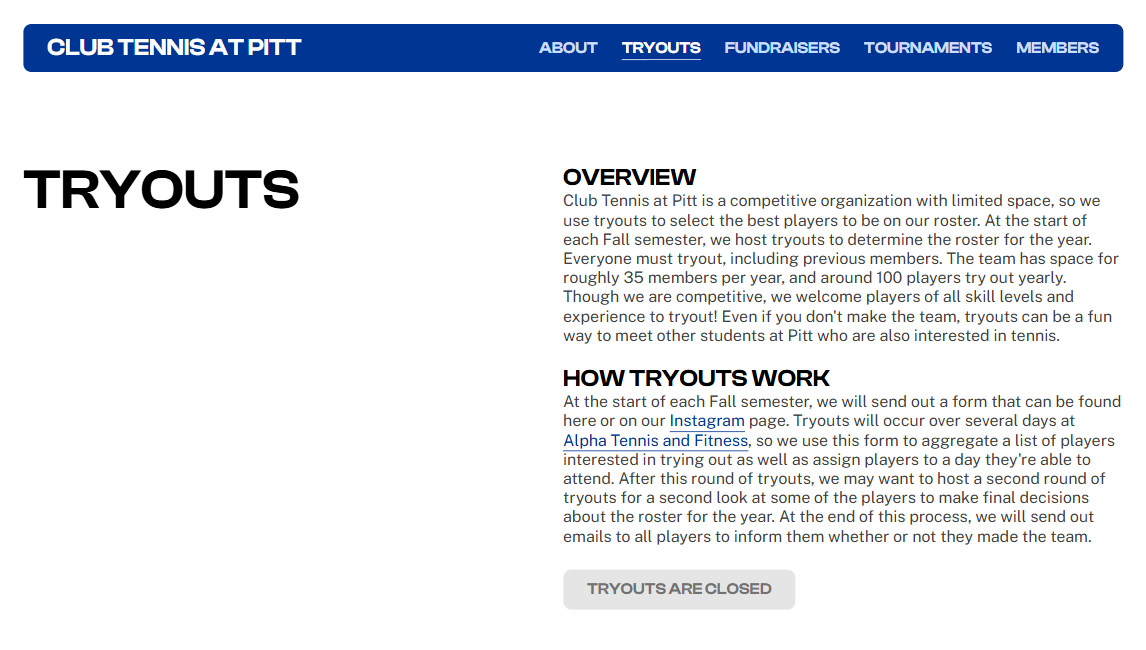 Tryouts page