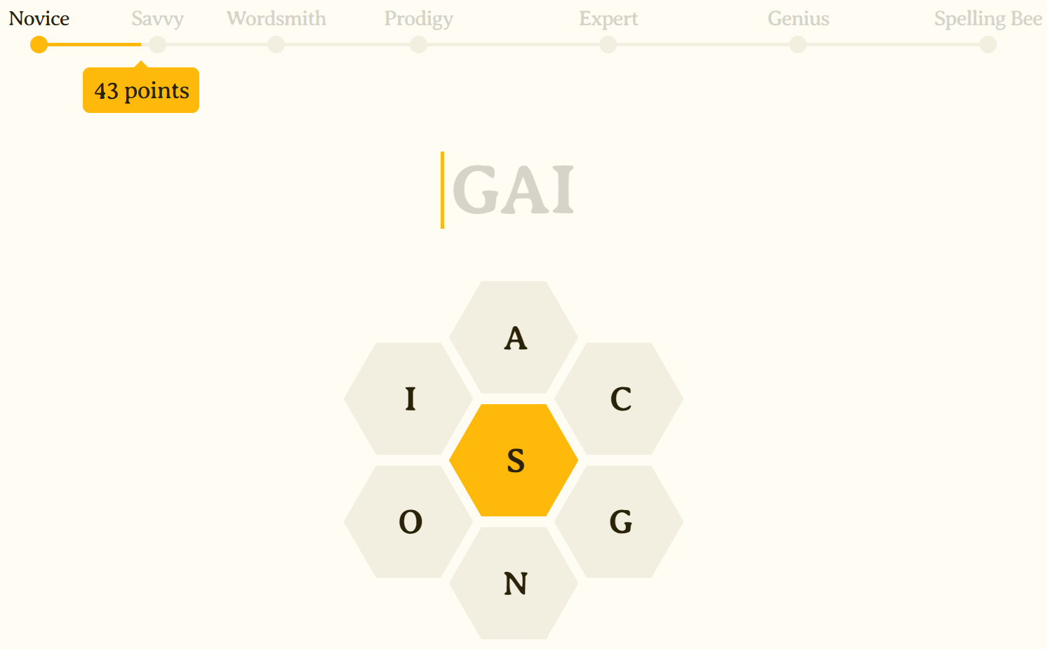 A screenshot the Spelling Bee game, where the user has taken a hint and the ghost letters are visible