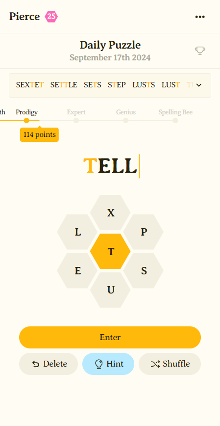 A screenshot of the Spelling Bee game on a mobile screen